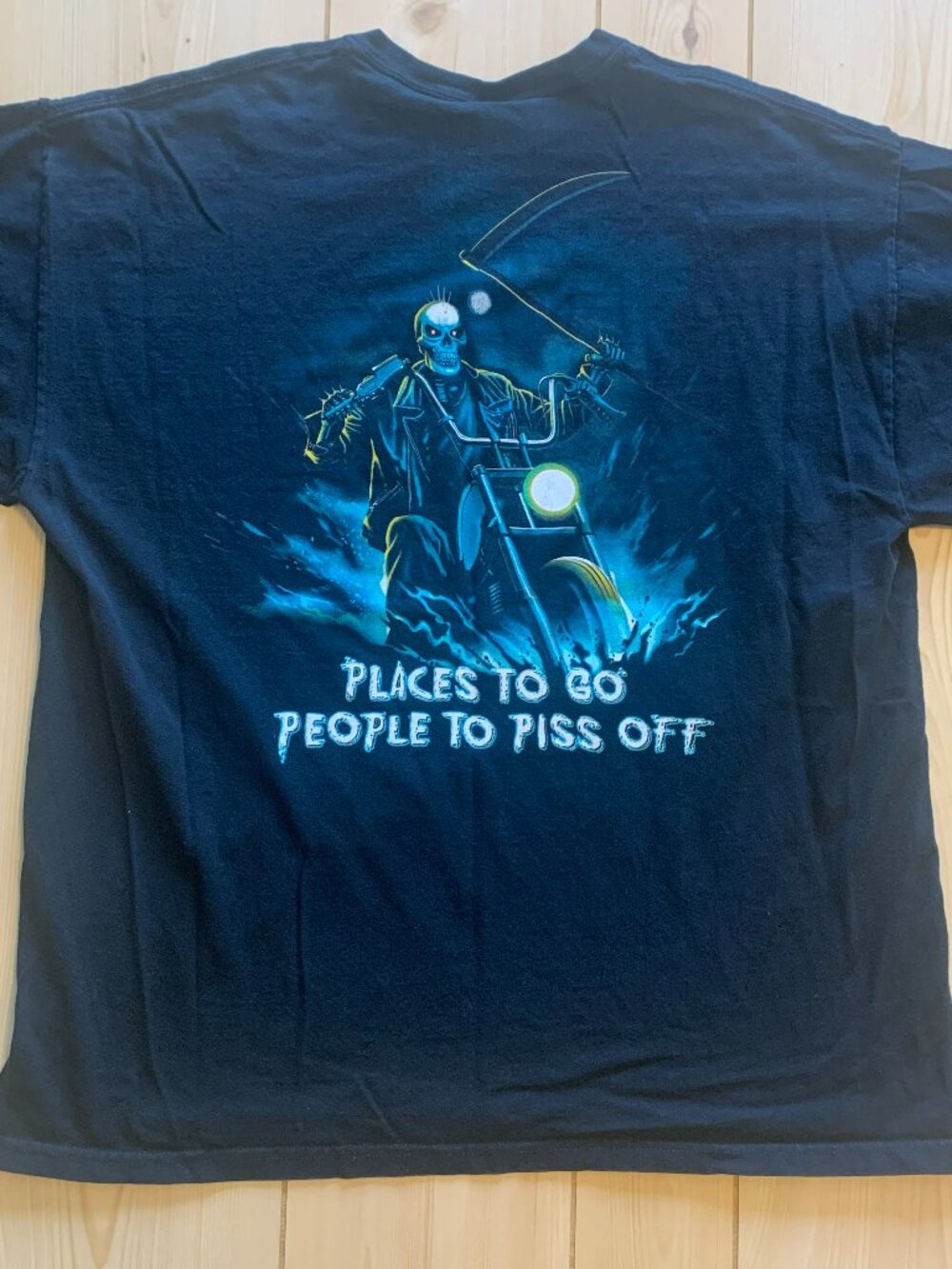 Biker Motorcycle Places To Go People To Piss Off Grim Reaper Skeleton T-Shirt XL